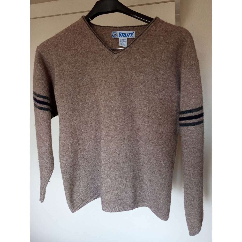 Utility Vintage Lambswool V-Neck Sweater Mens XL Brown Striped Sleeve Pullover